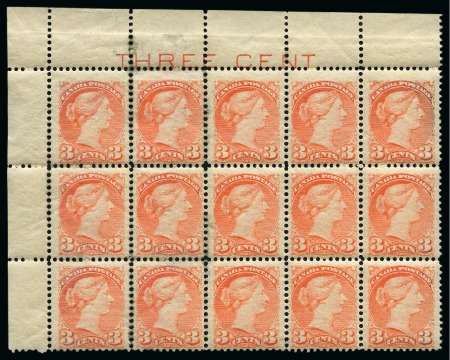 Stamp of Canada 1889-97 3c Bright Vermilion mint nh upper left corner marginal block of 15 with "THREE CENT" in margin