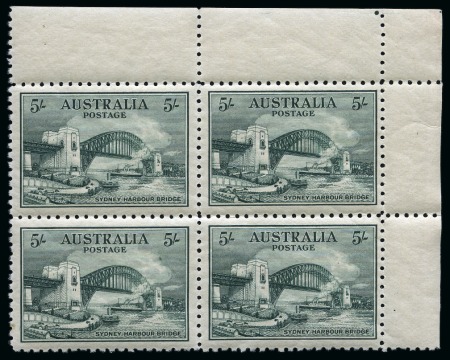 Stamp of Australia » Commonwealth of Australia 1932 Sydney Harbour Bridge 5s mint nh top right corner marginal block of four, showing plate dot in margin at right