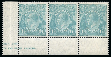 Stamp of Australia » Commonwealth of Australia 1926-30 1s4d Turquoise perf.13.5x12.5 mint nh lower left corner pane marginal strip of three with part John Ash imprint