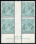 Stamp of Australia » Commonwealth of Australia 1931-36 Wmk C of A 1s4d turquoise mint nh John Ash imprint interpanneau block of four