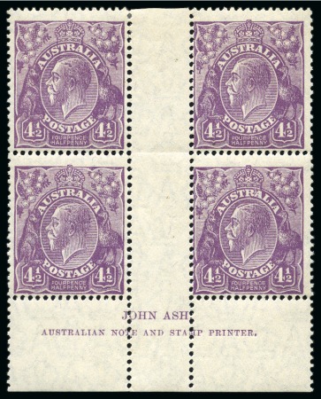 Stamp of Australia » Commonwealth of Australia 1926-30 4 1/2d Violet die I, perf.13.5x12.5, mint lh John Ash imprint interpanneau block of four, showing plate varieties 