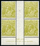 Stamp of Australia » Commonwealth of Australia 1926-30 4d Yellow-Olive, perf.13.5x12.5, two mint lh John Ash imprint interpanneau blocks of four