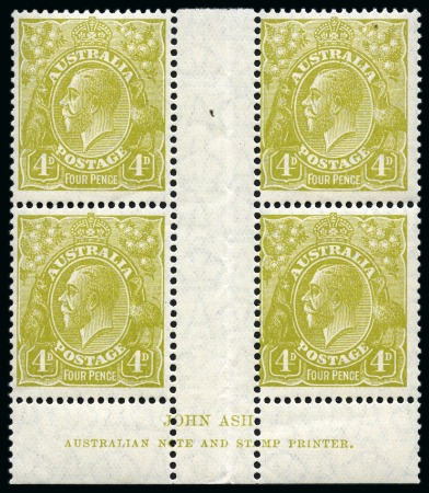 Stamp of Australia » Commonwealth of Australia 1926-30 4d Yellow-Olive, perf.13.5x12.5, two mint lh John Ash imprint interpanneau blocks of four