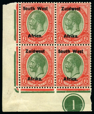 Stamp of South West Africa 1923 Kings Head £1 green and red, setting III, mint