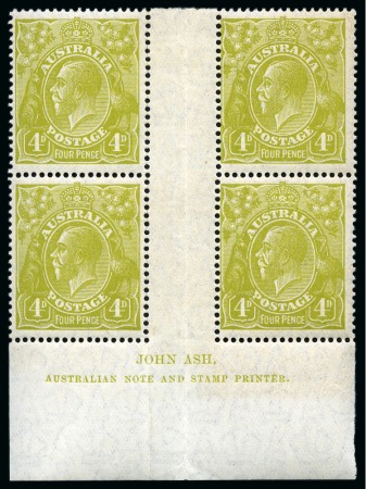 Stamp of Australia » Commonwealth of Australia 1926-30 4d Yellow-Olive, perf.14, mint lh John Ash imprint interpanneau block of four