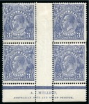 Stamp of Australia » Commonwealth of Australia 1926-30 3d Dull Ultramarine, perf.14, two mint hr A. J. Mullett imprint interpanneau blocks of four from plates 3 and 4