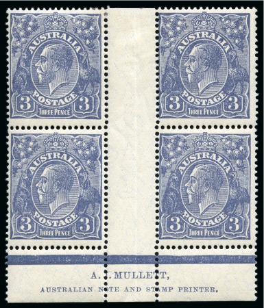 Stamp of Australia » Commonwealth of Australia 1926-30 3d Dull Ultramarine, perf.14, two mint hr A. J. Mullett imprint interpanneau blocks of four from plates 3 and 4