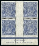 Stamp of Australia » Commonwealth of Australia 1926-30 3d Dull Ultramarine, perf.14, two mint hr A. J. Mullett imprint interpanneau blocks of four from plates 3 and 4