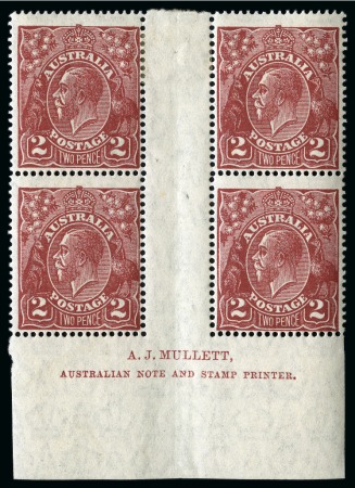 Stamp of Australia » Commonwealth of Australia 1926-30 2d Red-Brown, perf.14, mint hr A. J. Mullett imprint interpanneau block of four
