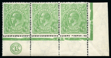 Stamp of Australia » Commonwealth of Australia 1918-20 1/2d Green mint nh corner marginal strip of three with JBC monogram
