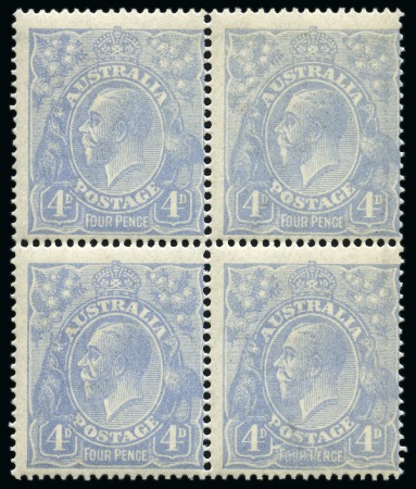 Stamp of Australia » Commonwealth of Australia 1918 4d Pale Milky Blue mint block of four, lower right stamp showing "thin FOUR PENCE" variety