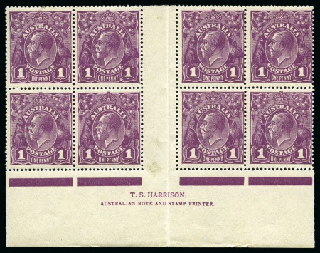 Stamp of Australia » Commonwealth of Australia 1918-23 1d Violet mint nh T. S. Harrison imprint interpanneau block of eight showing varieties 