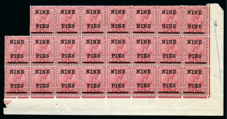 Stamp of India » 1855-1946 De La Rue and later Crown Colony Issues 1921 9pi on 1a Rose-Carmine mint nh irregular lower corner marginal block of 23, with four stamps showing the "NINE / NINE" variety