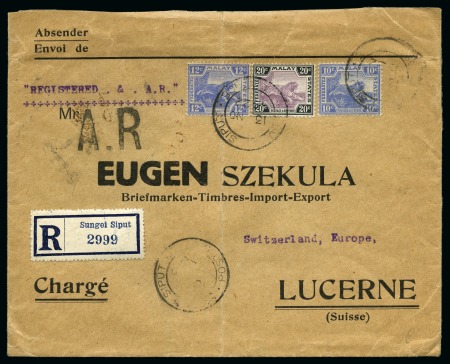 Stamp of Malaysia » Federated Malay States 1922-32, Pair of covers incl. 1922 AR (Advice of Receipt) cover to Switzerland with 1904-22 10c, 12c and 20c tied by Sungei Siput cds