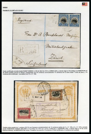 Stamp of North Borneo 1914, Pair of covers incl. 1c postal stationery sent registered to Switzerland uprated with 1909-23 5c & 8c tied by Sandakan squared circle