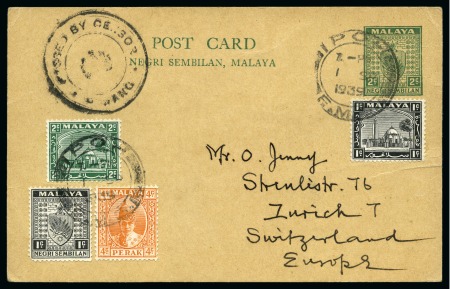 Stamp of Malaysia » Federated Malay States 1928-39, Pair of postcards incl. 2c Negri Sembilan postal stationery card to Switzerland uprated with Negri Sembilan 1c, Perak 4c and Selangor 1c & 2c tied by Ipoh cds with censor cachet