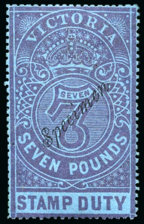 Stamp of Australia » Victoria 1884 Stamp Duty £7 violet on blue with "Specimen" overprint