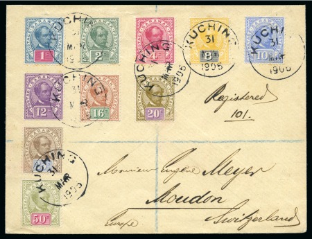 Stamp of Sarawak 1906-11, Pair of covers to Switzerland with 1907 envelope franked with 1899-1908 values to 50c