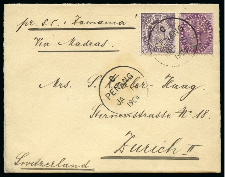Stamp of Malaysia » Straits Settlements 1904, Pair of covers with stamps showing "S.K / C." perfins, both from the same correspondence to Switzerland