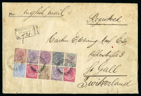 Stamp of Malaysia » Straits Settlements 1901 (Nov 17) Large envelope sent registered to Switzerland with 1882 10c, 1883-91 6c (2) & 30c, and 1892-99 3c, 4c (2), 5c, 8c, & 25c, all tied by Singapore cds