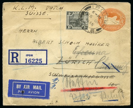 Stamp of Malaysia » Federated Malay States 1935 (Oct 25) 4c Postal stationery envelope sent registered to Switzerland, uprated