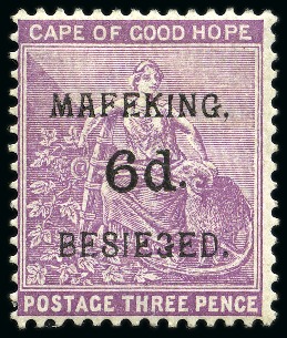 Stamp of South Africa » Mafeking 1900 (Mar 23-Apr 28) 6d on 3d Magenta mint hr, pos.4 of the setting, very fine and fresh, a rarity of South African philately
