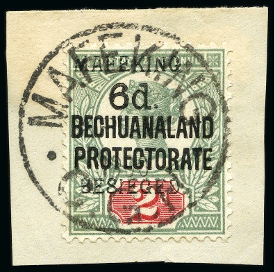 Stamp of South Africa » Mafeking 1900 Serif 6d on 2d green & red on piece and Serif 6d on 3d lilac & black on piece