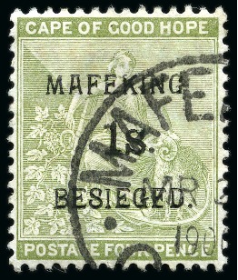 Stamp of South Africa » Mafeking 1900 Serif 1s on 4d COGH neatly cancelled by Mafeking cds