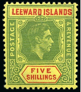 Stamp of Leeward Islands 1938-51 5s Green & Red on yellow on ordinary paper, mint og, showing variety broken "E"