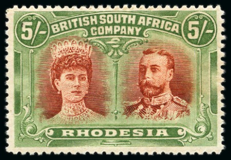 Stamp of Rhodesia 1910-13 Double Heads 5s vermilion and deep green, mint hr