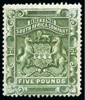 Stamp of Rhodesia 1892-93 £5 Sage-Green unused, faint small stain otherwise fine and scarce