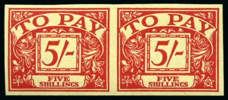 Stamp of Great Britain » Postage Dues 1955 Postage Due 5s scarlet on yellow imperforate imprimatur pair with "NPM IMPRIMATUR" handstamps on reverse, mint n.h.