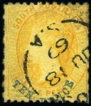 Stamp of Australia » South Australia 1867-70 10d on 9d Yellow, perf 11 1/2-12 1/2 x roulette, PRINTED ON BOTH SIDES, used