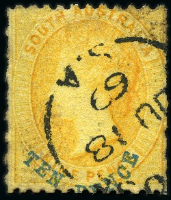 Stamp of Australia » South Australia 1867-70 10d on 9d Yellow, perf 11 1/2-12 1/2 x roulette, PRINTED ON BOTH SIDES, used