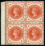 Stamp of Great Britain » 1855-1900 Surface Printed » 1887-1900 Jubilee Issue & 1891 £1 Green 1887 1/2d Vermilion with "PEARS' SOAP" advertising underprint in orange in marginal block of four