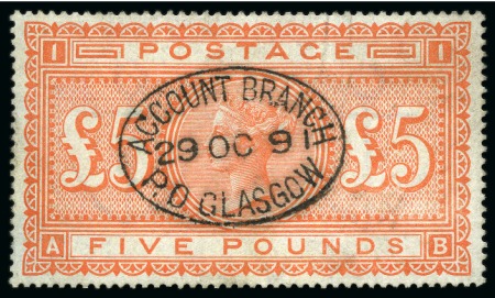 Stamp of Great Britain » 1855-1900 Surface Printed » 1867-83 High Values 1867-83 £5 Orange pl1.1 AB on white paper neatly cancelled by a crisp "Account Branch /P.O. Glasgow" oval datestamp