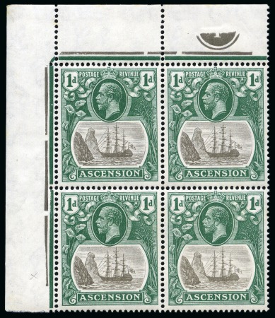 Stamp of Ascension » King George V 1924-33 1d Grey-Black and Bright Blue-Green, second printing, showing variety "broken mainmast" on R2/1 in mint nh upper left corner block of 4