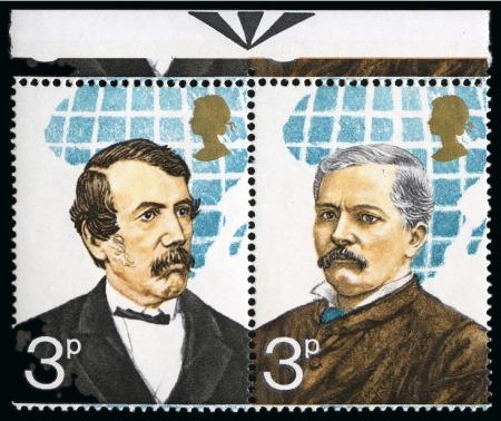 Stamp of Great Britain » Queen Elizabeth II 1973 Explorers 3p with TURQUOISE-BLUE OMITTED in mint top marginal se-tenant pair