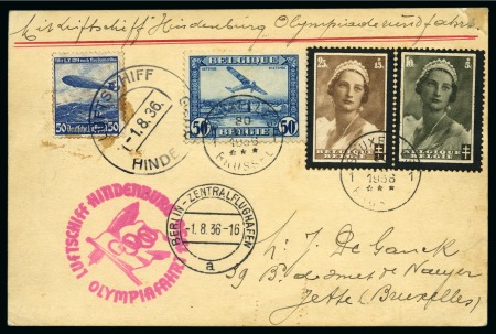 Stamp of Olympics » 1936 Berlin » 1936 Hindenburg Olympic Flight 1936 Zeppelin Olympic Flight card with Belgium and Germany mixed franking