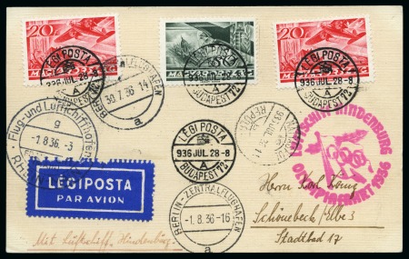 Stamp of Olympics » 1936 Berlin » 1936 Hindenburg Olympic Flight HUNGARY: 1936 Zeppelin Olympic Flight card with Hungary franking sent from Budapest