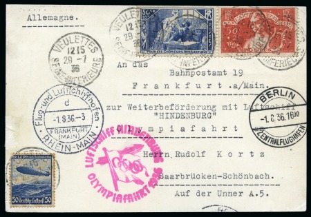 Stamp of Olympics » 1936 Berlin » 1936 Hindenburg Olympic Flight FRANCE/GERMANY: 1936 Zeppelin Olympic Flight card with France and Germany mixed franking