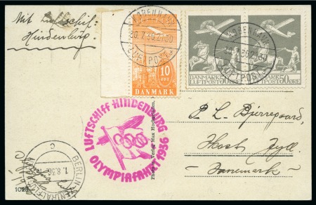 Stamp of Olympics » 1936 Berlin » 1936 Hindenburg Olympic Flight DENMARK: 1936 Zeppelin Olympic Flight card with Denmark franking