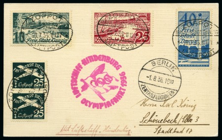 Stamp of Olympics » 1936 Berlin » 1936 Hindenburg Olympic Flight DANZIG: 1936 Zeppelin Olympic Flight card with Danzig franking