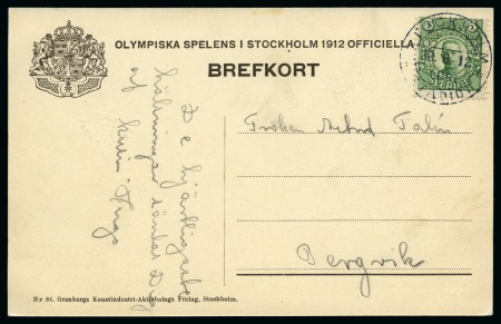 Stamp of Olympics » 1912 Stockholm » LBR. / STADION Cancels 2nd DAY: 1912 (Jun 30) Official picture postcard of the Stadium by Granbergs with 5ö tied by "STOCKHOLM / LBR. / STADION" cds