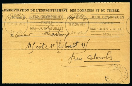 Stamp of Olympics » 1924 Paris » Covers and Cancellations DURING THE GAMES: 1924 (Jun 9) "Colombes / Seine" Olympic Games roller cancel on the day of the final of the Football tournament played at the Olympic stadium in Colombes