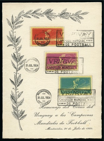 Stamp of Olympics » 1924 Paris » 1924 Olympic Issues of Other Countries URUGUAY: 1924 Uruguay Olympic Football Champions set on yellow paper affixed to Post Office souvenir folder, each tied by special slogan cancels