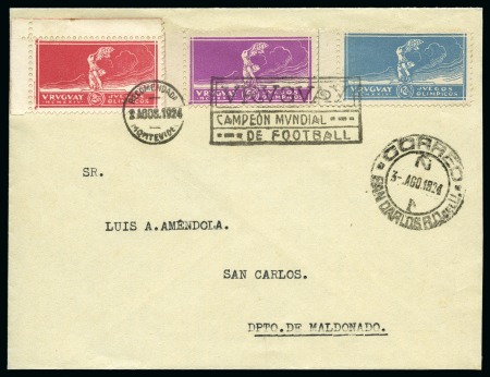 Stamp of Olympics » 1924 Paris » 1924 Olympic Issues of Other Countries URUGUAY: 1924 (Aug 2) Olympic Football Champions set on cover with "URUGUAY / CAMPEON MONDIAL / DE FOOTBALL" registered machine slogan cancel