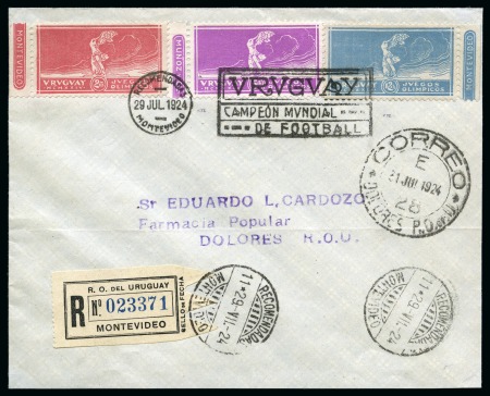 Stamp of Olympics » 1924 Paris » 1924 Olympic Issues of Other Countries URUGUAY: 1924 (Jul 29) Olympic Football Champions set on cover with "URUGUAY / CAMPEON MONDIAL / DE FOOTBALL" registered machine slogan cancel