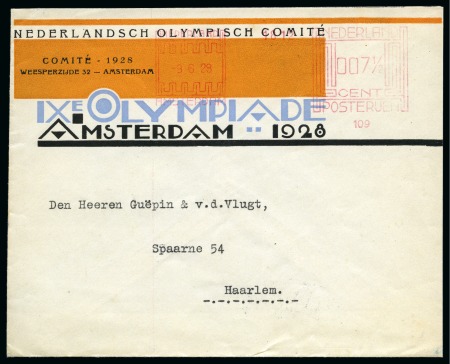 Stamp of Olympics » 1928 Amsterdam » Issued Stamps, Covers and Cancellations 1928 (Jun 9) Netherlands Olympic Committee printed envelope with 7 1/2c meter frank sent to Haarlem