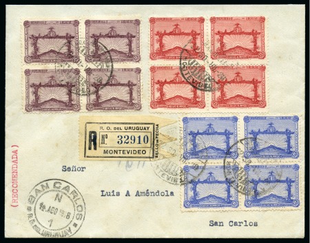 Stamp of Olympics » 1928 Amsterdam » 1928 Olympic Issues of Other Countries URUGUAY: 1928 Olympic Football Champions set of three in blocks of four tied to envelope